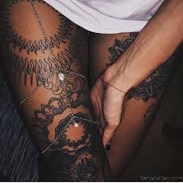 Black Mandala Tattoo Design On Thigh
