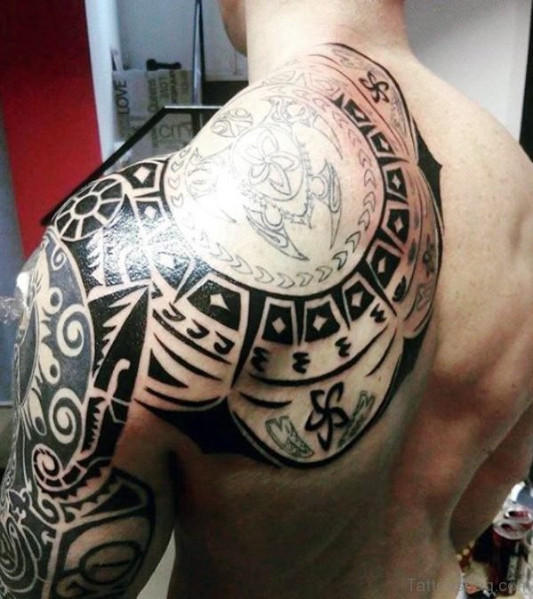 Black Maori Tattoo On Left Shoulder