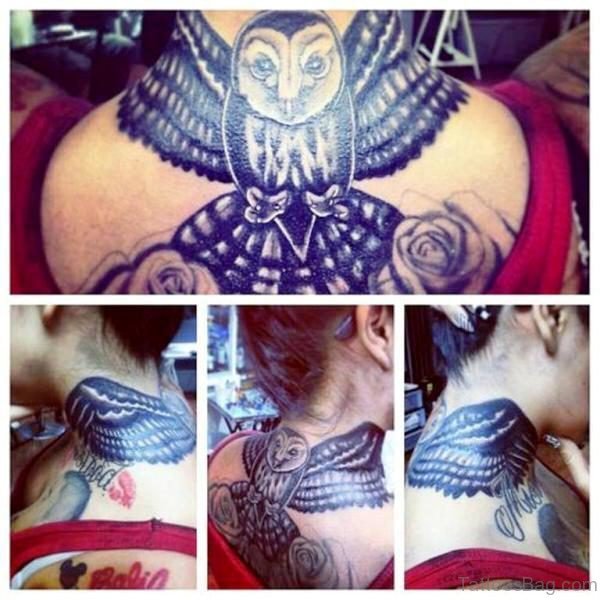 Black Owl Tattoo On Neck Back