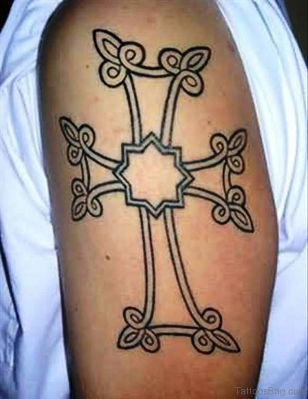 Black Shoulder Cross Tattoo