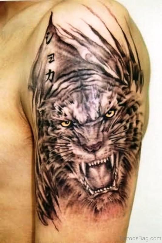 Black Tiger Shoulder Tattoo 