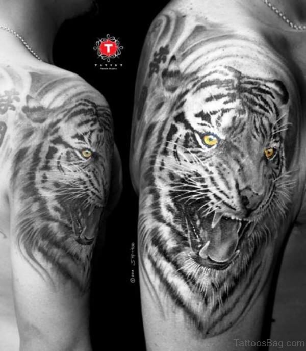 Black Tiger With Shining Eye Tattoo