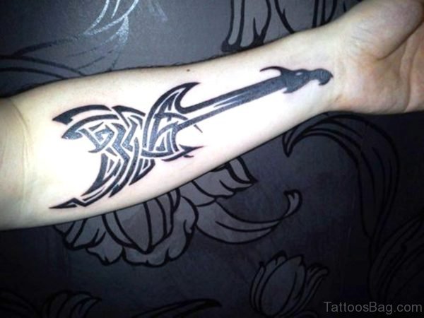 Black Tribal Guitar Tattoo On Forearm
