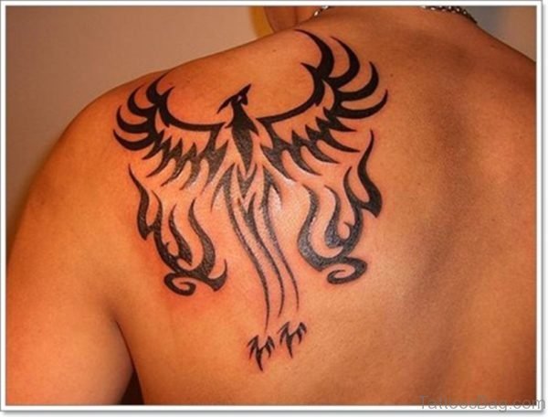 Black Tribal Phoenix Design On Shoulder Back