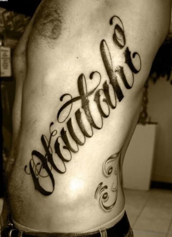 Black Word Tattoo On Rib Side