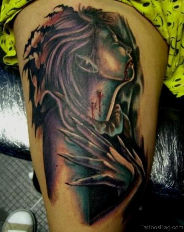 Bleeding Vampire Girl Portrait Tattoo Design 
