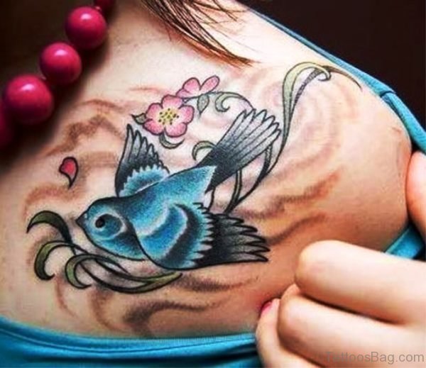 Blue Bird And Cherry Blossom Flower Tattoo