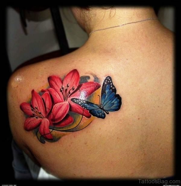 Blue Butterfly And Red Rose Flower Tattoo