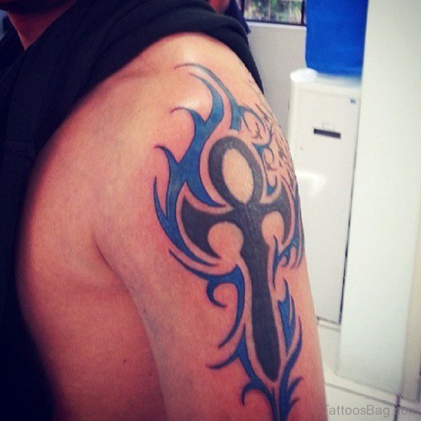 Blue Cross Flame Tribal Shoulder Tattoo