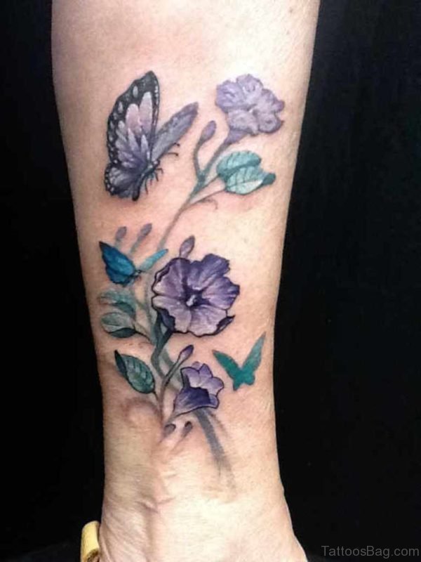 Blue Flowers And Butterfly Tattoo