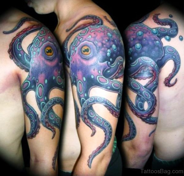 Blue Octopus Tattoo On Shoulder