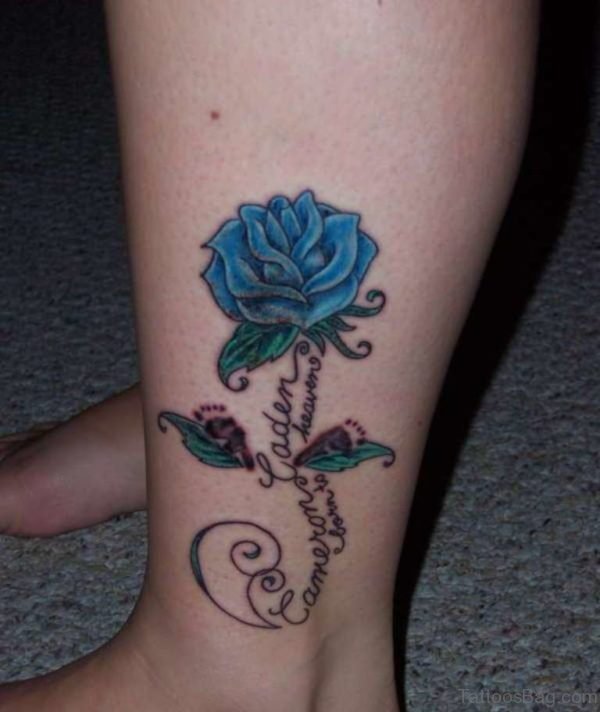 Blue Rose Memorial Tattoo On Lower Leg