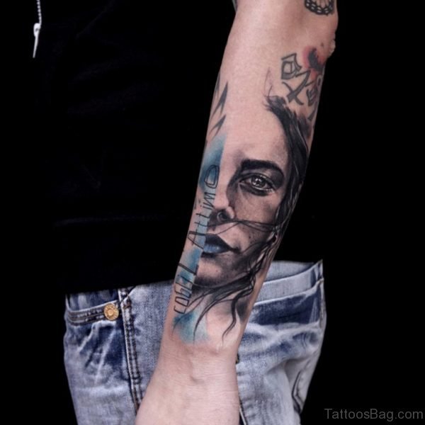 Blue Trash Polka Portrait Tattoo