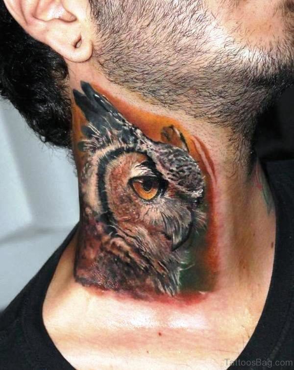 Brown Owl Tattoo On Neck