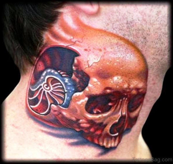 Brown Skull Tattoo On Neck