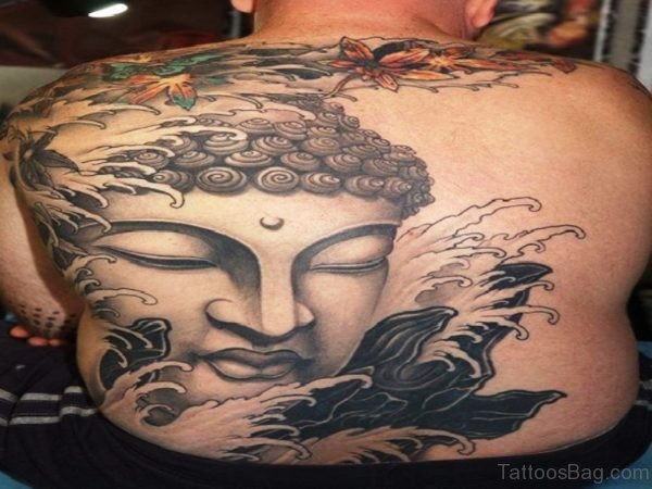 Buddha And Waves Tattoo On Back