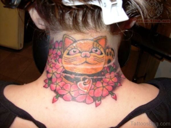 Cat Face Tattoo On Neck