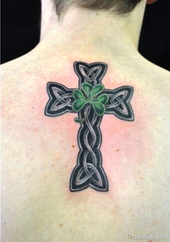Celtic Cross And Clover Tattoo On Back