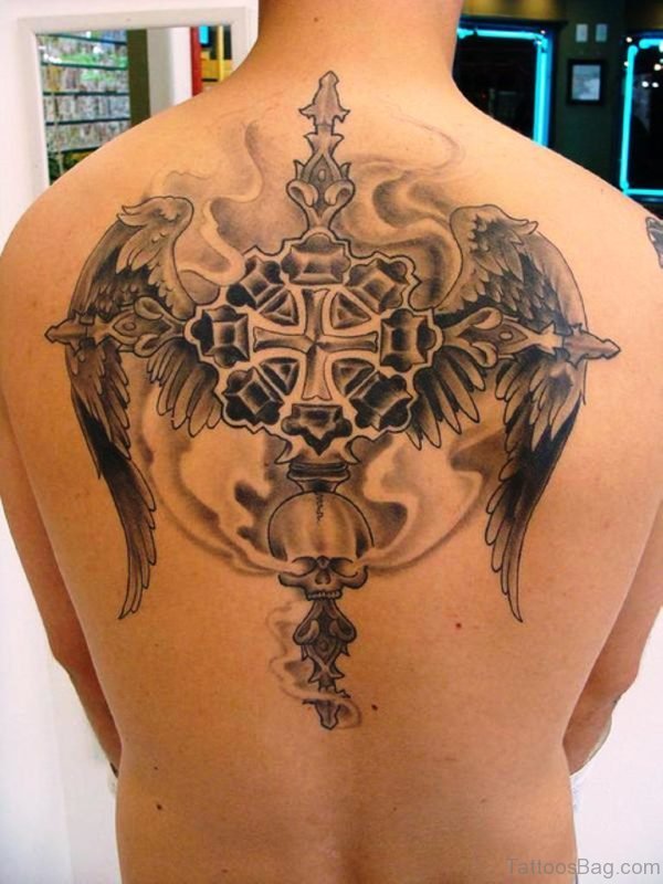 Celtic Cross With Angel Wings Tattoo On Upper Back