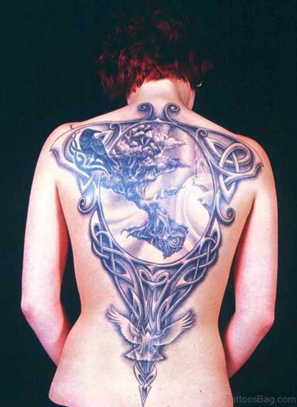 Celtic Knot Tree Crow And Dove Tattoo On Back