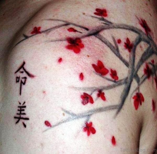Cherry Blossom Flower Tattoo On Left Shoulder