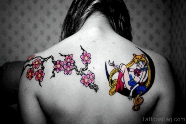 Cherry Blossom Flowers And Moon Tattoo Design
