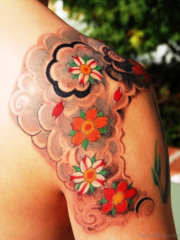 Cherry Blossom Tattoo On Right Shoulder