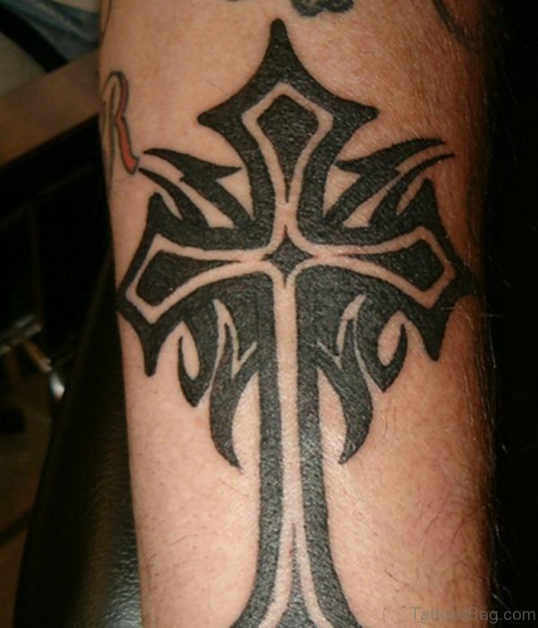 Classic Black Tribal Cross Tattoo Design For Leg