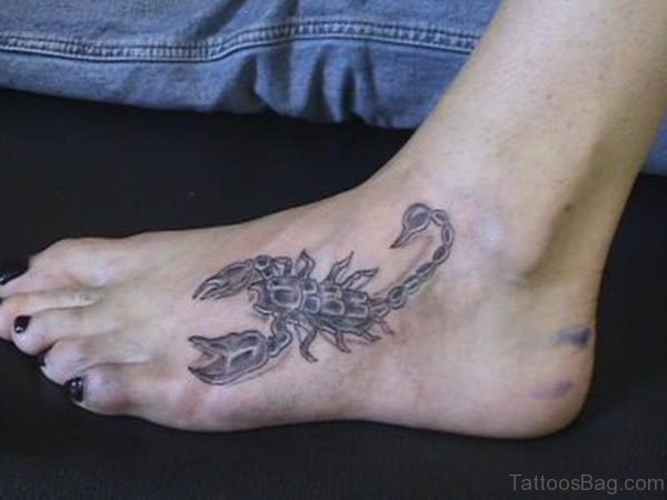 Classic Grey Ink Scorpion Tattoo On Girl Foot