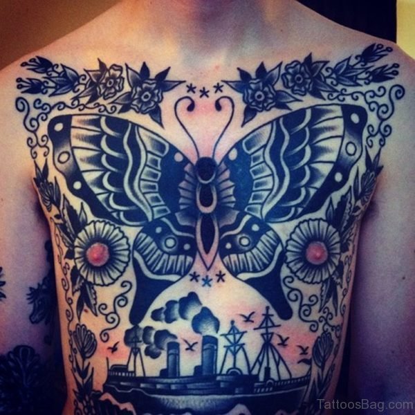 Classy Butterfly Tattoo On Chest
