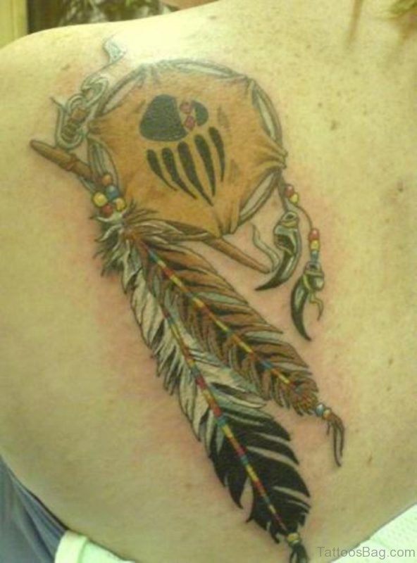 Claw Print And Feather Tattoos On Back