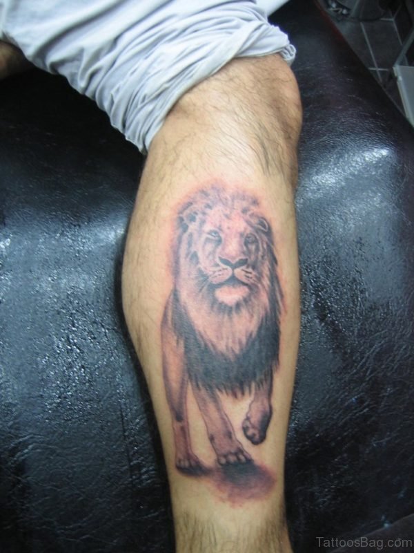 Clean Grey Lion Tattoo On Leg For Men