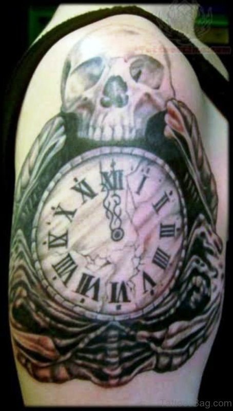 Clock And Skull Tattoo Design