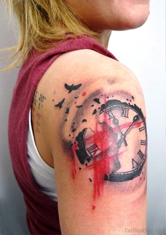Clock Tattoo On Right Shoulder