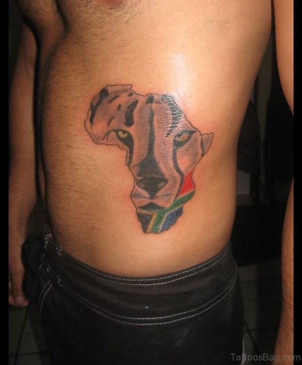 Color African Map Lion Head Tattoo On Side Rib