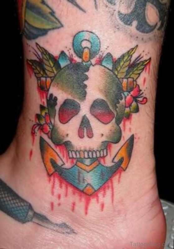 Color Ink Skull Anchor Tattoo On Ankle