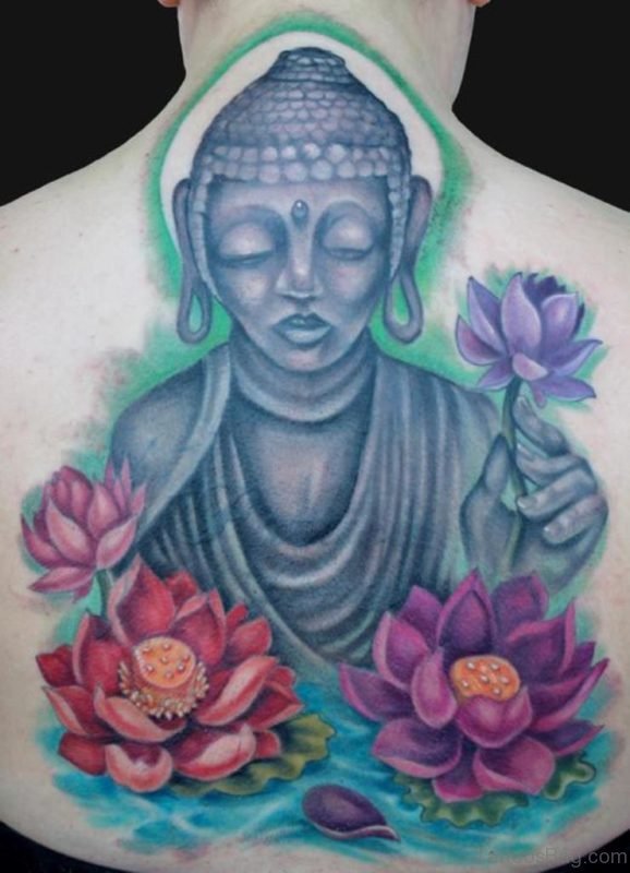 Color Lotus Flowers and Buddhist Tattoo On Back