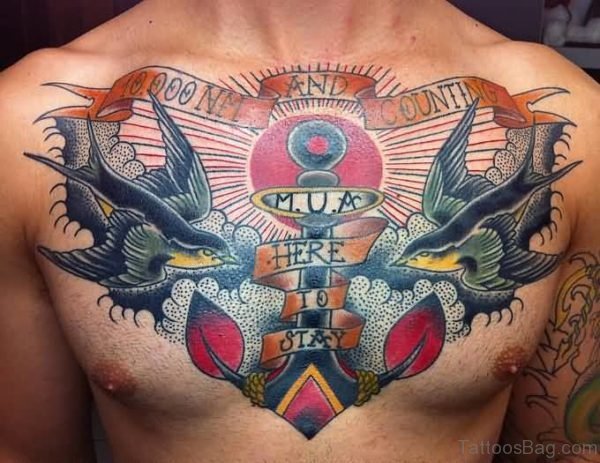 Colored Birds And Anchor Tattoo