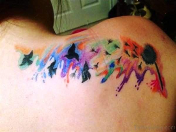 Colored Birds Tattoo On Shoulder Back