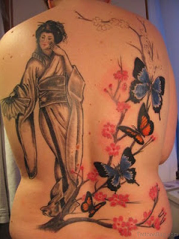 Colored Butterfly And Geisha Tattoo