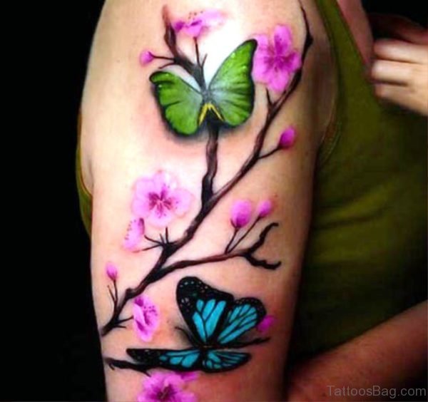 Colored Cherry Blossom Flower Tattoo On Shoulder
