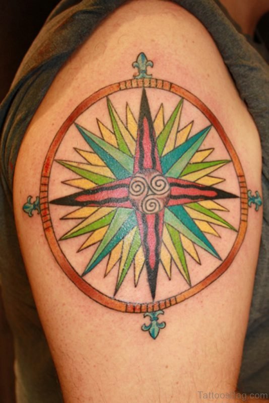 Colored Compass Tattoo On Shoulder