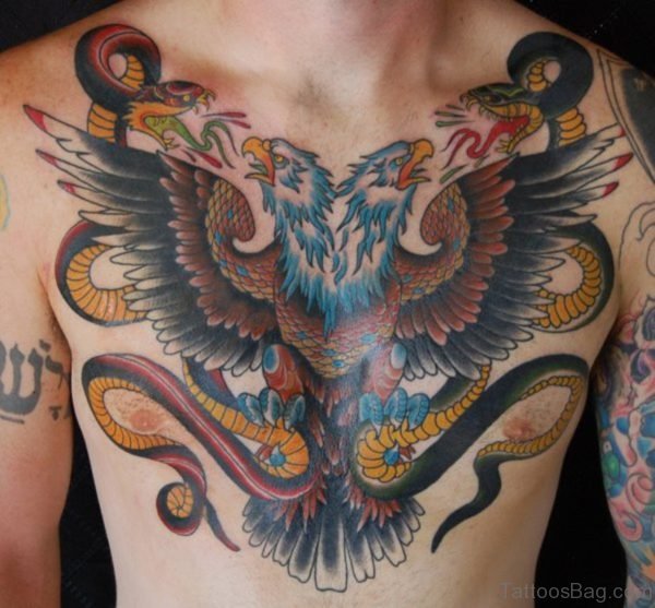 Colored Eagle And Snake Tattoo On Chest