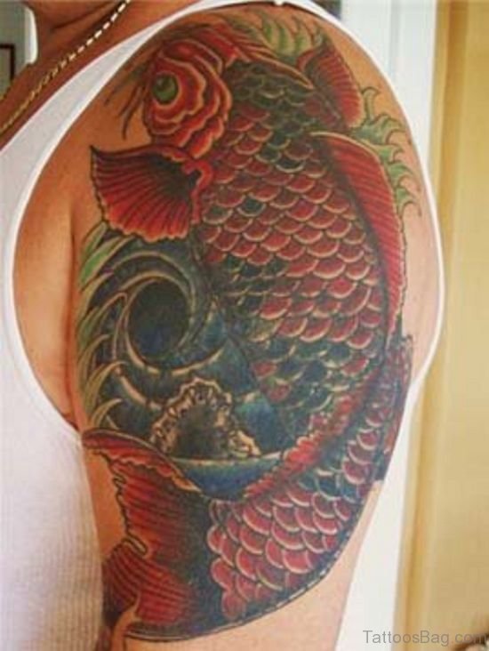 Colored Fish Tattoo Design On shoulder