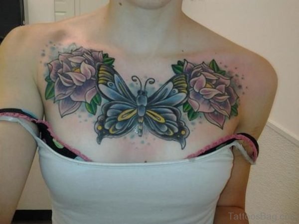 Colored Flowers And Butterfly Chest Tattoo