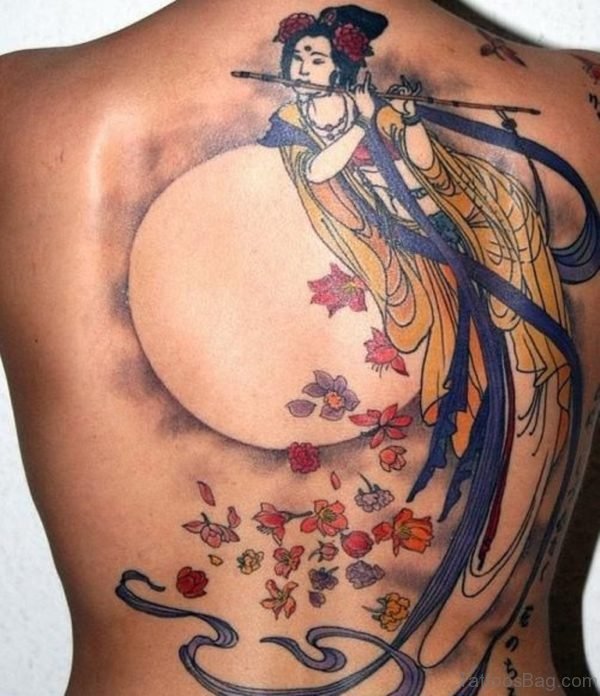 Colored Geisha Tattoo On Back