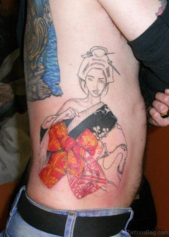 Colored Geisha Tattoo On Rib
