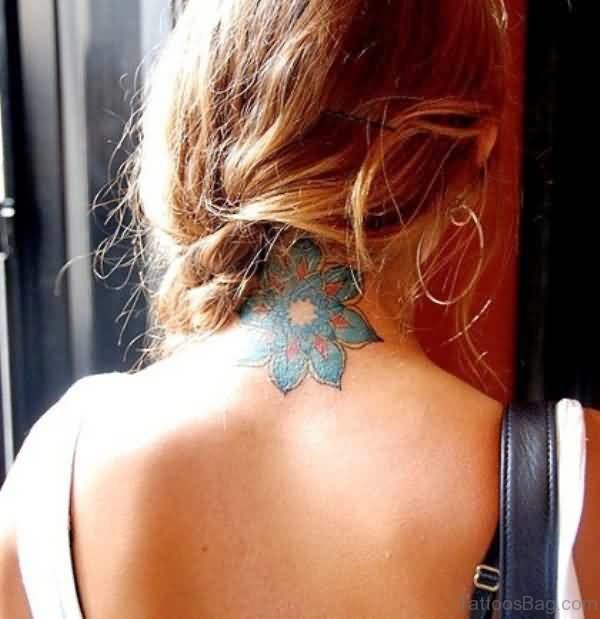 Colored Lotus Neck Tattoo Design