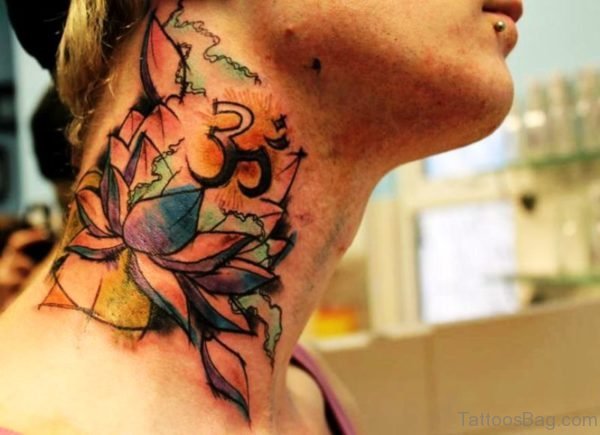 Colored Lotus Neck Tattoo