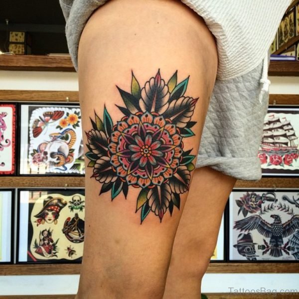 Colored Mandala Tattoo On Thigh